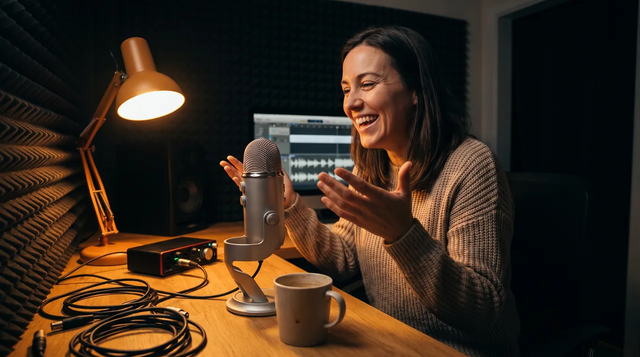 A content creator gestures animatedly while laughing at a microphone in her dimly lit home podcast studio at night.