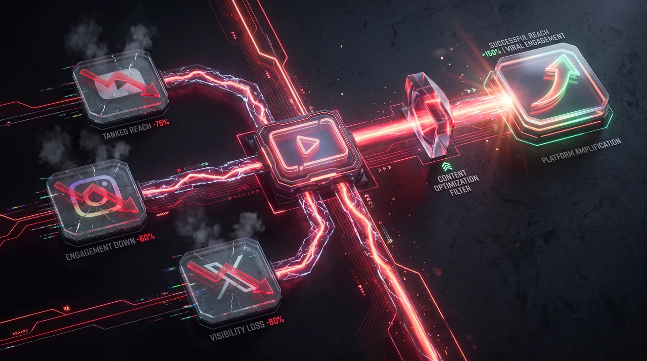 A 3D graphic showing a video node splitting into four streams, three leading to cracked platforms with red decline arrows while one passes through a glowing red lens to become a bright holographic sig