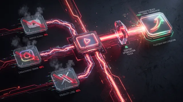 A 3D graphic showing a video node splitting into four streams, three leading to cracked platforms with red decline arrows while one passes through a glowing red lens to become a bright holographic sig