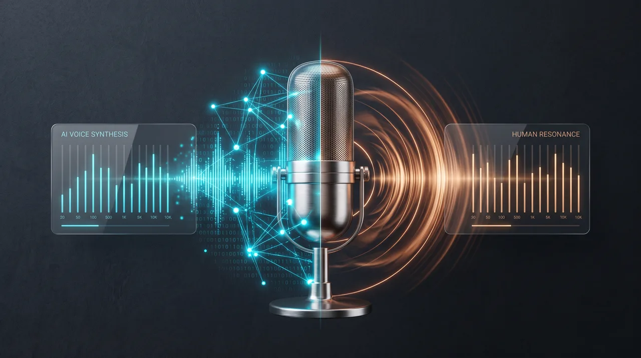 A metallic microphone splits into cyan digital waveforms on one side and warm copper soundwaves on the other, symbolizing AI and human voice synthesis.