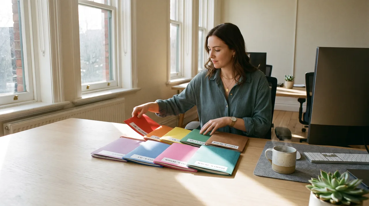 Woman at a pale oak desk organizing colorful labeled folders into neat rows, with a mug of tea and succulent plant nearby in bright natural light.