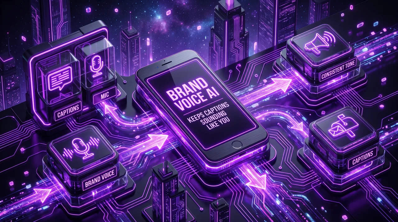 Dark futuristic infographic showing a smartphone labeled 'Brand Voice AI' with neon purple connections flowing between input modules like microphones and text, and output modules like a megaphone.