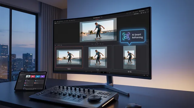 A video frame displayed across multiple smartphone and tablet screens showing how the same subject automatically reframes to fit different aspect ratios.