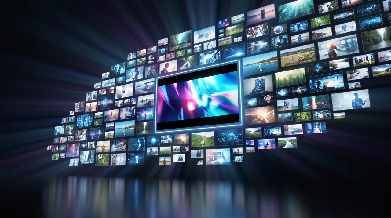 A large video frame splits into multiple smaller screens fanning outward across a dark studio with cool blue and purple lighting.
