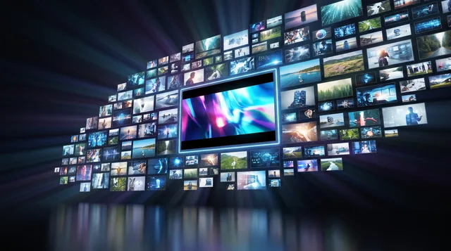 A large video frame splits into multiple smaller screens fanning outward across a dark studio with cool blue and purple lighting.