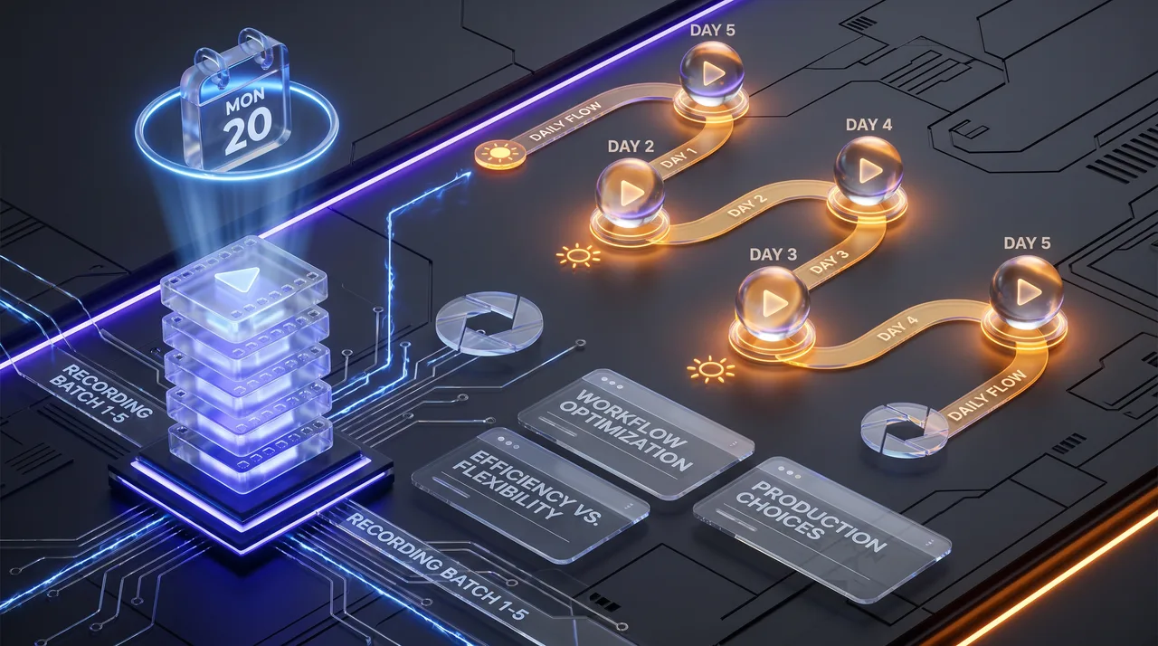 A 3D visualization comparing batch recording on the left with stacked video frames under one calendar, versus daily content creation on the right with scattered video nodes along a timeline.