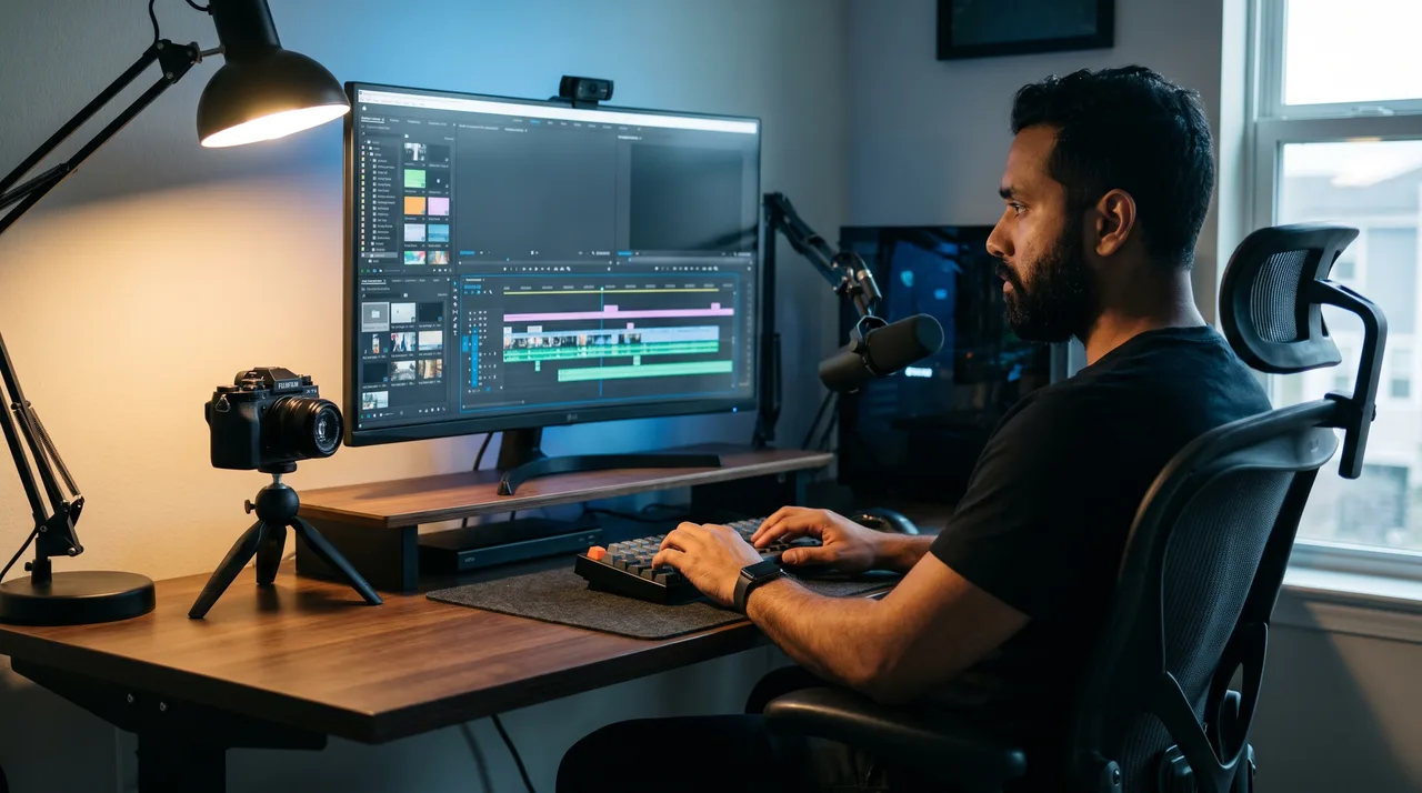 A content creator focused on their work at a minimalist desk with dual monitors showing video editing software, warm lighting, and production equipment nearby.