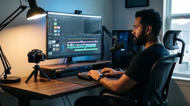 A content creator focused on their work at a minimalist desk with dual monitors showing video editing software, warm lighting, and production equipment nearby.