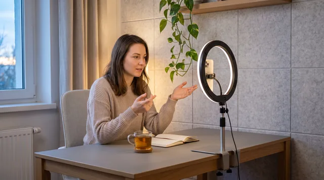 A content creator gestures while speaking to her phone mounted on a ring light at her desk, with a potted plant and warm tea nearby.