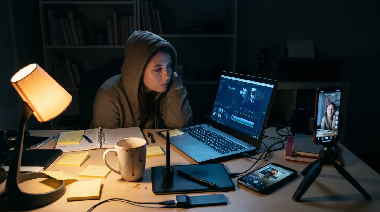 A content creator works late at a cluttered desk, lit by laptop glow and desk lamp, with phones on tripods displaying video content beside her.