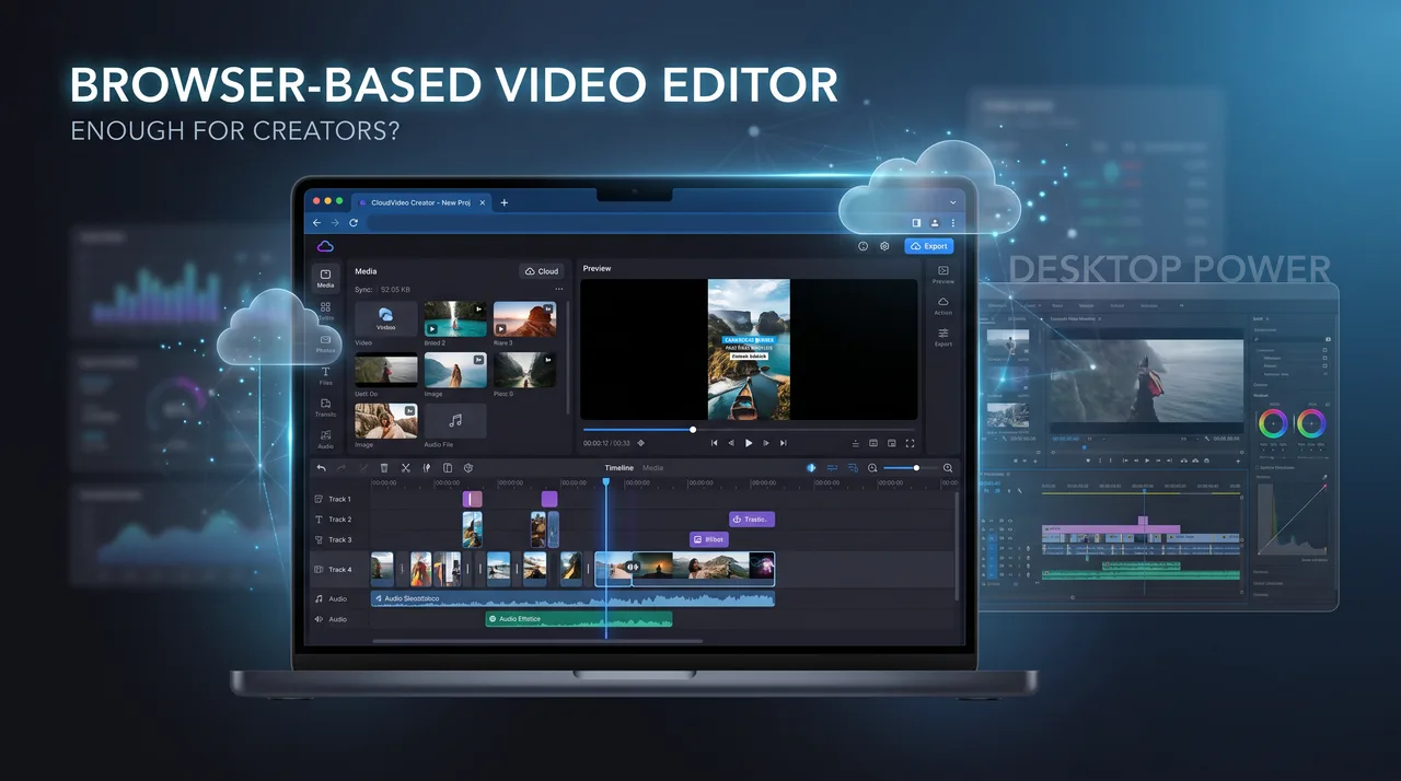 A browser window displays a modern video editor with a vertical timeline, preview pane, and editing controls in dark blue and purple tones, subtly contrasted with a desktop editing setup in the backgr