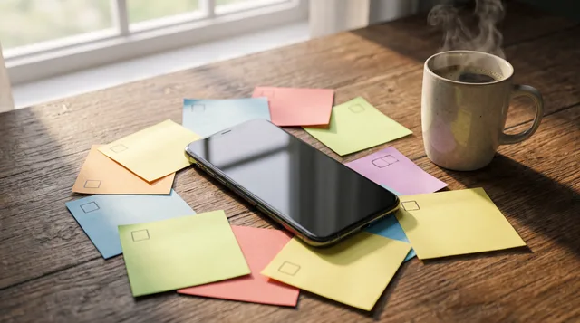 A smartphone rests on a wooden desk beside scattered sticky notes and a steaming coffee cup in morning light.