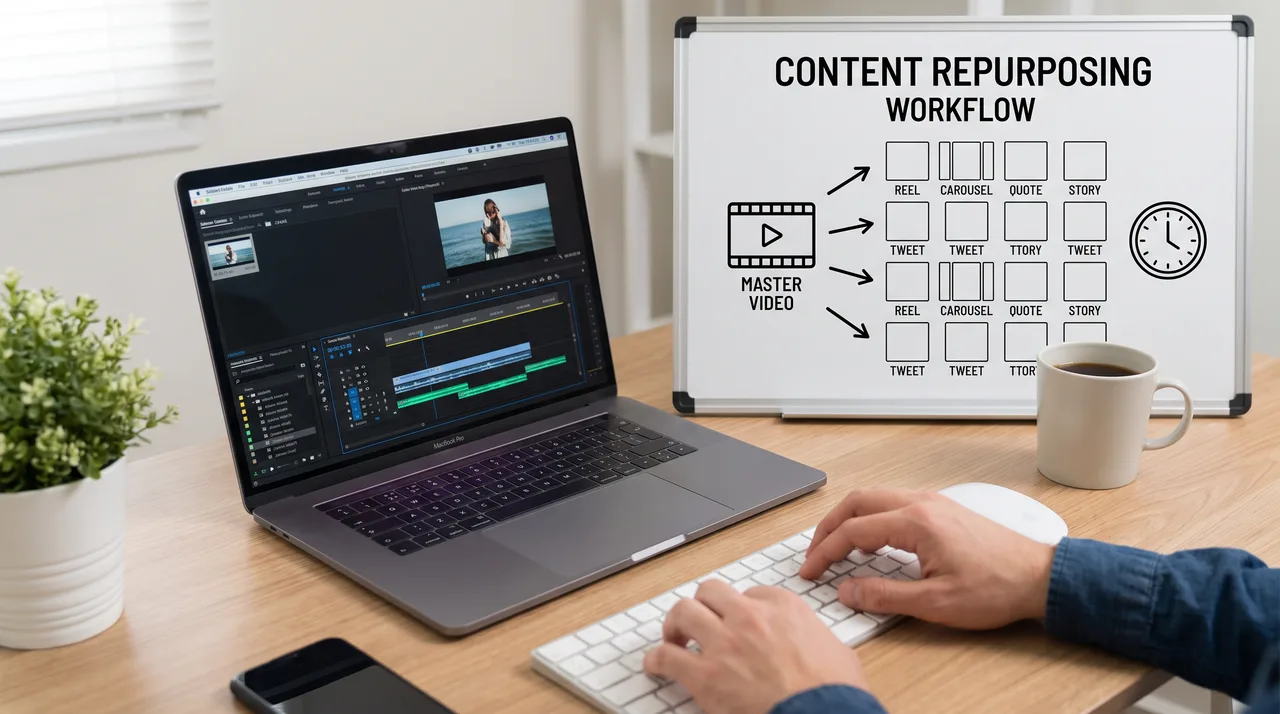 A person at a desk with multiple screens displaying video editing software and social media templates.