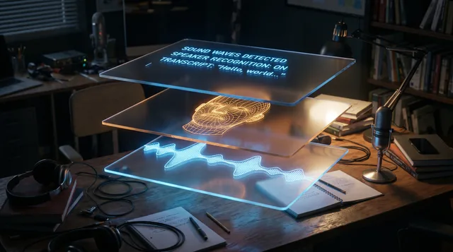 Glowing translucent panels float above a desk showing sound waves, a face outline, and transcript text in soft blue and amber light.