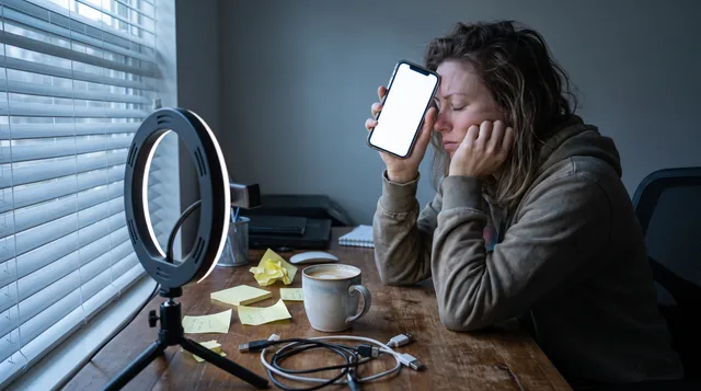 A tired creator sits at a messy desk in early morning light, staring blankly at her phone with a mug of cold coffee and scattered notes around her.