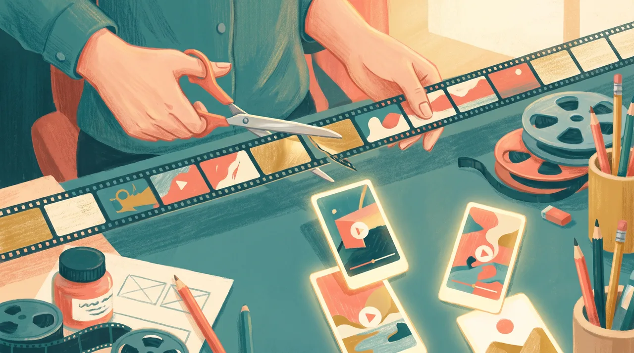 Hands with scissors cutting a film strip into segments that transform into glowing vertical video cards in teal and coral tones.