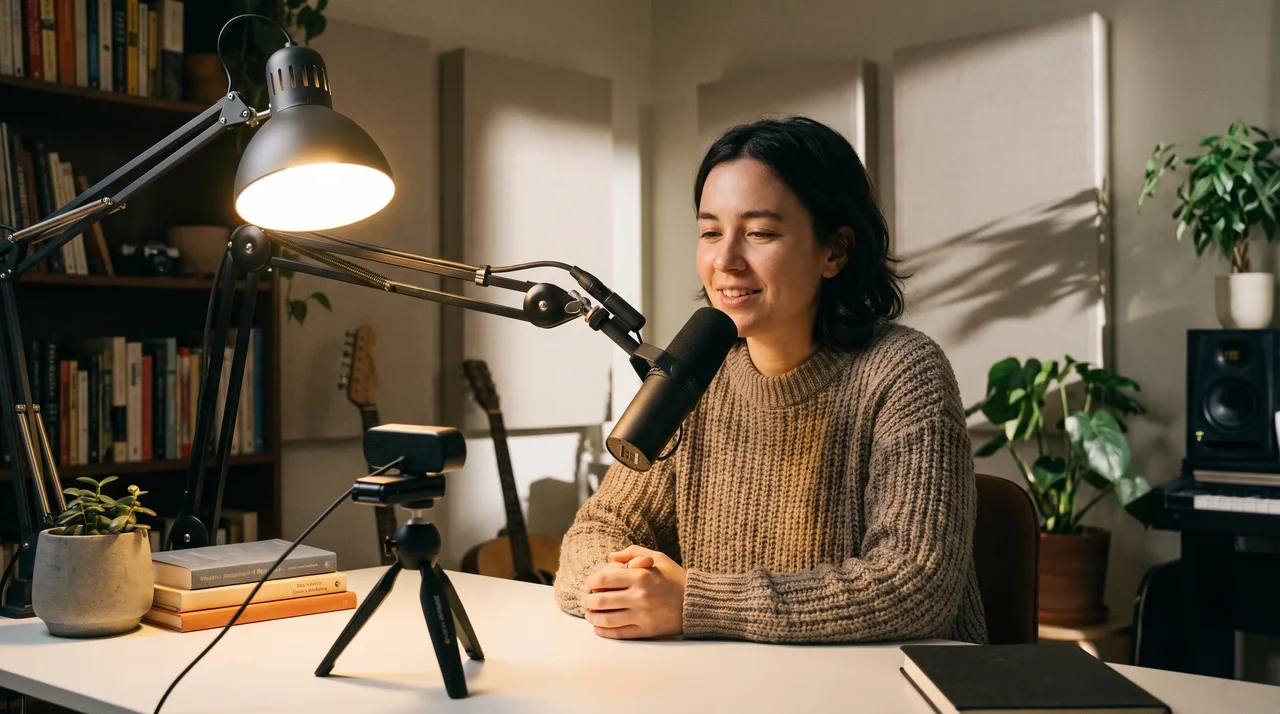 A person sits at a desk facing a microphone with a webcam mounted nearby in a warmly lit home studio.