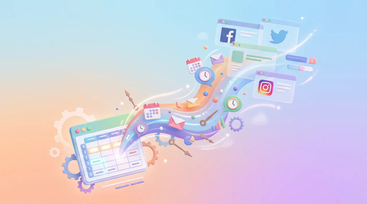 A spreadsheet morphs into a stream of scheduled posts flowing upward toward floating social app windows with gears and clocks in a pastel sky.
