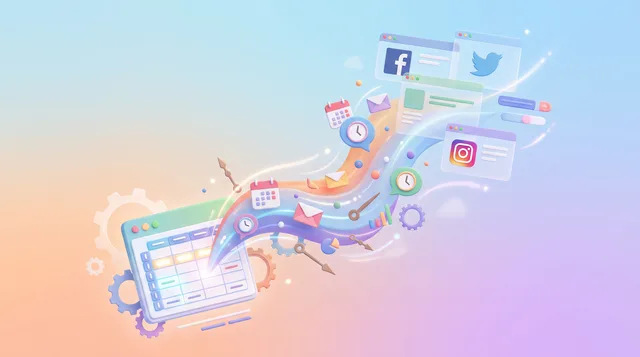 A spreadsheet morphs into a stream of scheduled posts flowing upward toward floating social app windows with gears and clocks in a pastel sky.