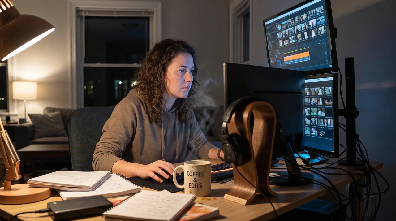 Video editor at a cluttered desk manipulating clips on dual monitors while sipping cold coffee under warm lamplight late at night.