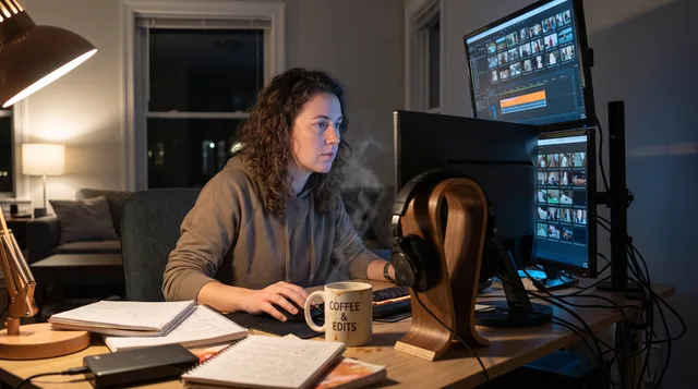 Video editor at a cluttered desk manipulating clips on dual monitors while sipping cold coffee under warm lamplight late at night.