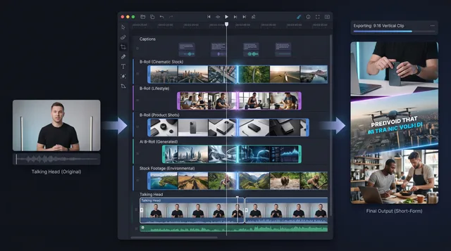 Video editing timeline showing a talking-head clip transforming into layered B-roll tracks with stock footage, lifestyle scenes, and product shots in a 9:16 preview window.