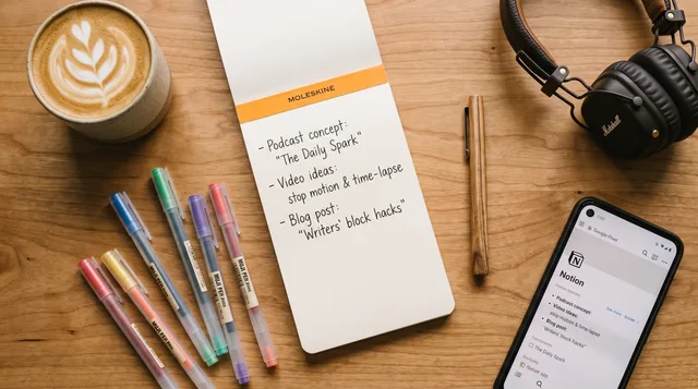 A organized desk workspace with a notepad, colored pens, coffee cup, headphones, and smartphone arranged neatly.
