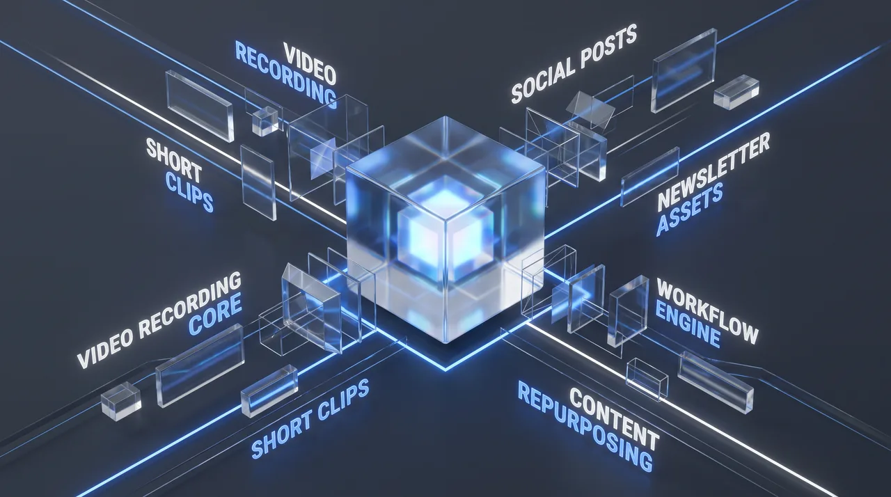 A translucent glass cube splits into smaller geometric prisms and floating panels connected by glowing pathways, representing a content repurposing workflow system.