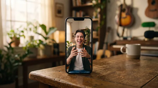 A smartphone on a wooden desk displays a vertical video of a young creator gesturing, with a blurred home studio background.