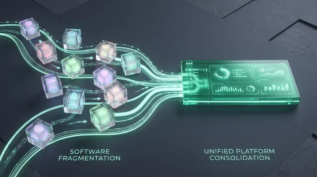 Scattered colorful glass blocks with different icons transition into a single unified emerald glass dashboard, connected by glowing mint lines on a dark gray background.