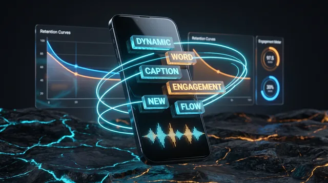 A floating smartphone displays animated 3D text blocks with cyan glow effects and engagement analytics visualized through graphs on a dark obsidian background.