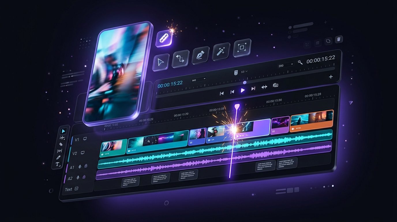 The Splicora editor: a video timeline with layered clips, waveforms and captions